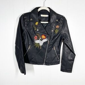 yadanluwa Black Faux Leather Embroidered Jacket Floral Bird XS